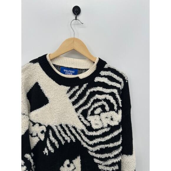Elfric Eden Mens Black Cream Knit Crewneck Sweater Size L Graphic Artsy 3D Retro - Picture 4 of 8